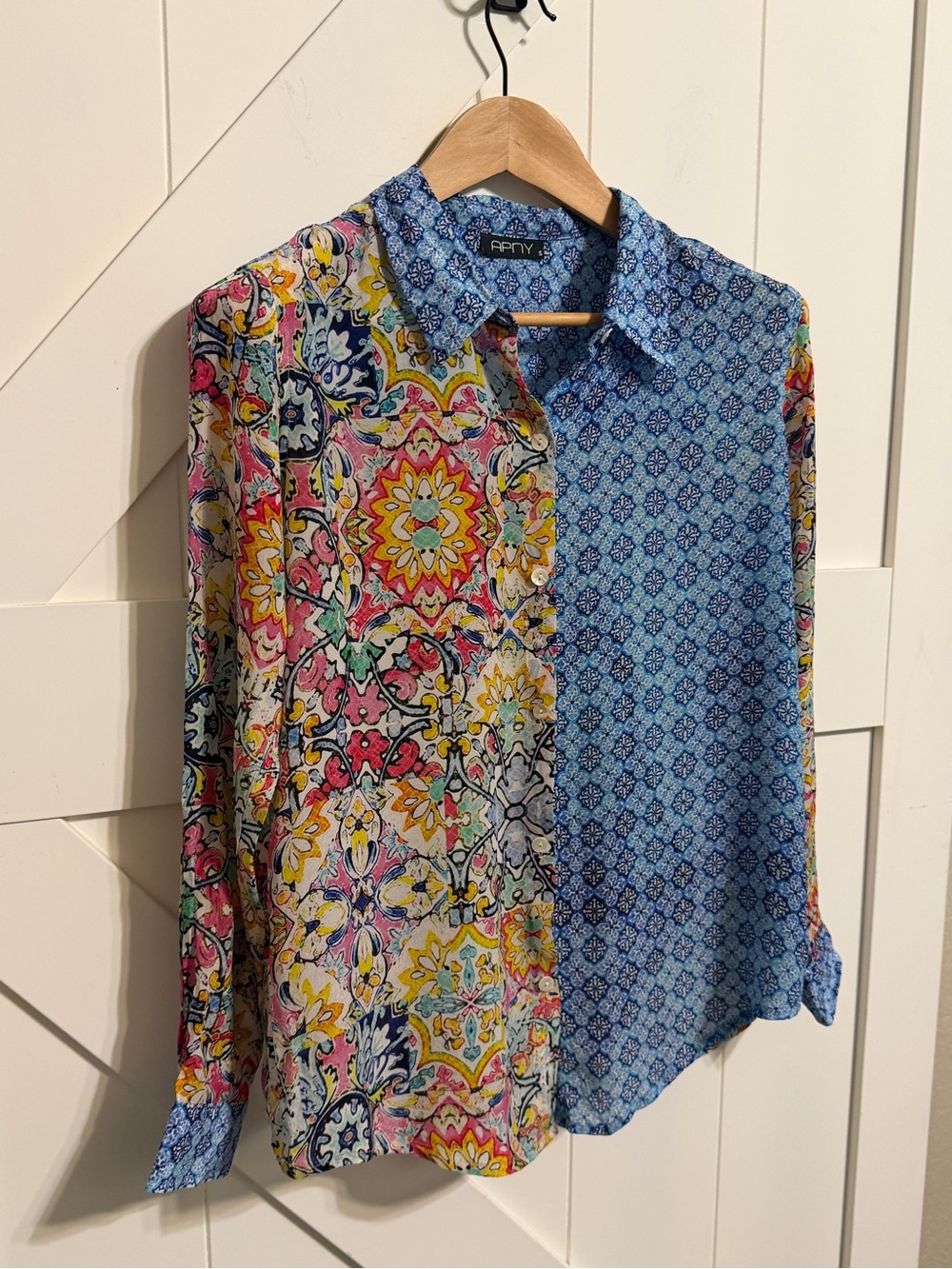 APNY Size S Mixed Print Cupro Viscose Button Down Blouse Boho Floral Blue